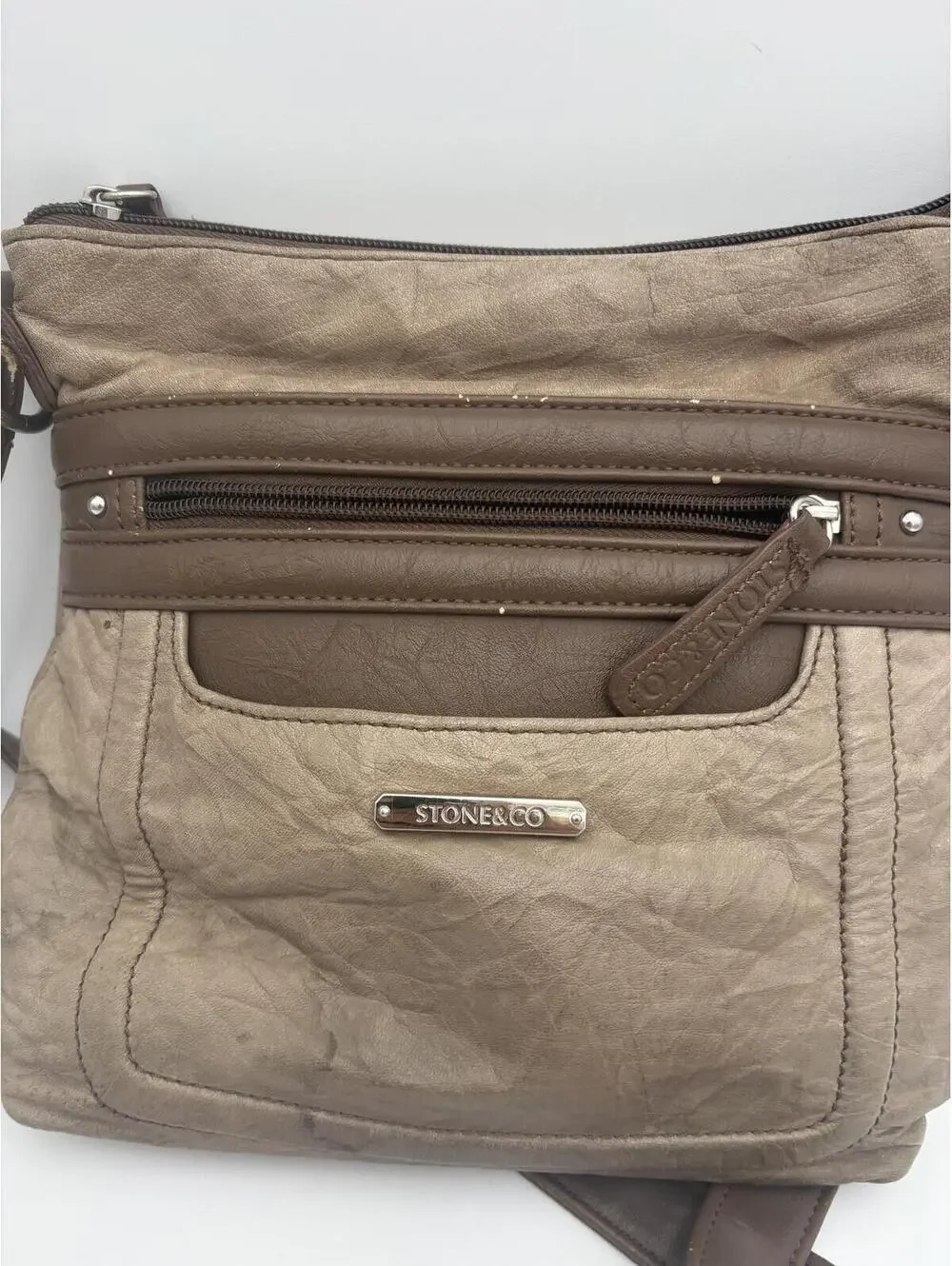 Stone & Co Brown and Taupe Crossbody Messenger Bag with Multiple Zip Pockets